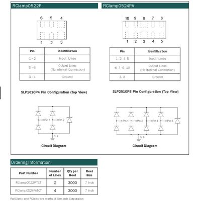 EP T/R 6-καρφιτσών SLP uni-Dir 5V 15Vc σειράς διόδων διόδων καταπιεστών RCLAMP0522P.TCT Semtech ESD