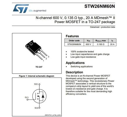 N-κανάλι 600V, 0.065 Ω typ., 40A MOSFET ισχύος σε ένα πακέτο TO-247 STW48N60DM2 Τρανζίστορα Επίδρασης Πεδίου